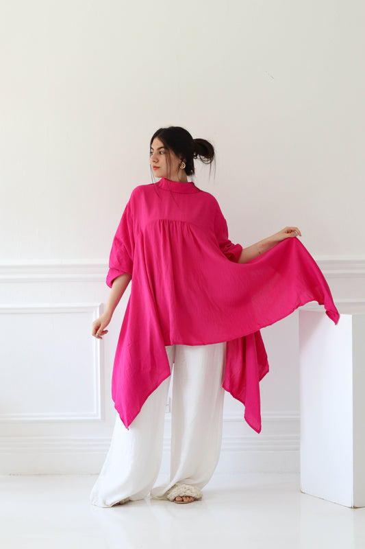 Oversized Asymmetric Blouse in Fushia